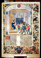 Ms 5064 fol.1r Tekijä esittelemässä kirjaansa talonpojille, Pietro de Crescenzin Livre des Prouffitz Champestres (1230-132021)