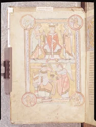 Ms 512 fol.4v St. Gregory Suuri (n. 540-604) isänsä Gordienin ja äitinsä Silvian ja enkelinä hukkuneen miehen välillä Liber Pastoralisista