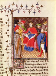 Ms 5193 Fol.52r Rosane vastaa kansan lähettiläille Giovanni Boccaccion (1313-75) n. 1410 De Casibus virorum illustrariumin Jean Sans Peur -painoksesta.