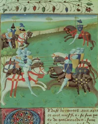 Ms 527 f.5v Teaching Knights to Joust, Roman du Saint Graal