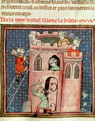 Ms 59 fol.17r Baabelin tornin rakentaminen, Guiart des Moulinsin Bible Historialesta