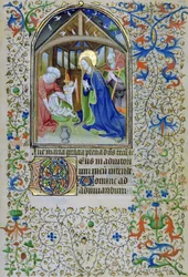 Ms 66 f.44r Neitsyt ja Joosef palvovat vastasyntynyttä Kristusta Tuntien kirjasta, Amiens