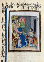 Ms 814 Charles V (1338-80) palauttaa ylikonstaapelin miekan Bertrand du Guesclinille (n. 1320-80) Histoire de Du Guesclinista Cuvelierin runon jälkeen 1400-luvun alussa.