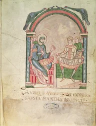 Ms 90 St. Augustinus väittelemässä Faustuksen kanssa oppilaidensa läsnäollessa, esikuva Saint Augustin Contre Faustuslta
