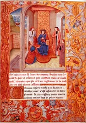 Ms 95 Fol.1 Kirjoittaja tarjoaa kirjansa Burgundin herttualle, Adolphe de Clevesin haarnismiehistä, 1400-luvun alku (vellum)