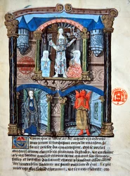 Ms 978 fol.39 "Linnan porttitalo", kuva Gabrielle de Bourbonin (vellum) maallikoiden käyttöön tarkoitetusta hengellisestä tutkielmasta