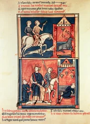 Ms Fr 1098 Hirvenmetsästys ja kuningas, mahdollisesti Dagobert I (632-39) valtaistuimellaan, St. Denisin elämästä ja ihmeistä