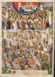 Ms. fr. 18, fol. 3v: Jumalan valtio, Raoul de Preslesin tekemästä pyhän Augustinuksen teosten käännöksestä, circa 1469-73
