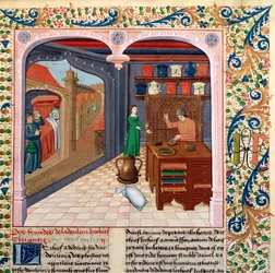 Ms Fr 218 fol.111 Potilas sängyssään ja apteekki valmistamassa lääkettä, Barthelemy lAnglaisin Le Livre des Proprietes des Chosesista