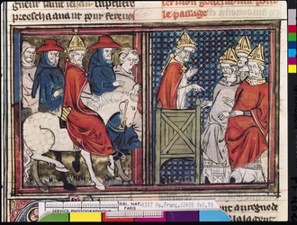 Ms Fr 22495 Fol.15 Clermontin kirkolliskokous ja paavi Urbanus II:n (n. 1035-1099) saapuminen Ranskaan, Le Roman de Godefroi de Bouillonista, 1337