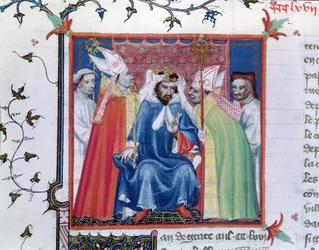 Käsikirjoitus Fr. 2608, fol. 335v: Filip III:n (1245-85) kruunajaiset, teoksesta Grandes Chroniques de France, noin 1400