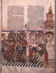 rouva Fr 343 fol. 7 Graalin etsintä ja Arthurin kuolema, ritari vannomassa valan