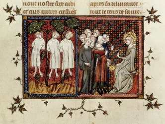 rouva Fr. 5716 fol.246 St. Louis julistaa tuomion ja tuomitseva Enguerrand de Coucyn (1228-1311) kolmen nuoren aatelisen hirttämisestä St. Louisin elämästä ja ihmeistä, noin 1330-1340
