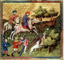 Ms Fr 616 fol.96v Wolf hunt, Gaston Phebus de Foixin (1331-91) kirjasta