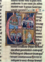 Ms Fr 9081 fol.206 Historioitu alkukirjain C, joka kuvaa Konrad III:ta (1137-52) Saksan keisaria ja Ludvig VII:tä (1120-80) Ranskan kuningasta, joka piiritti Damaskosta vuonna 1148, Histoire de Jerusalemista, William of the Jerusalemista