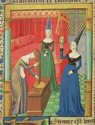 Ms Hunter 208 f.48v Feminine Vanities, elokuvasta The Fall of Princes, kirjoittanut Giovanni Boccaccio (1313-75) 1472