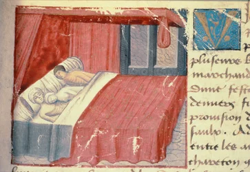 Ms Hunter 252 f.18r Sänkykohtaus, kirjasta "Les Cent Nouvelles Nouvelles".