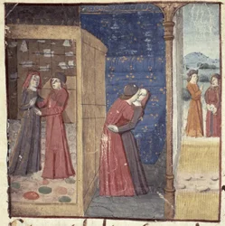 Ms Hunter 252 f.27v Suuteleminen, teoksesta Les Cent Nouvelles Nouvelles, 1462