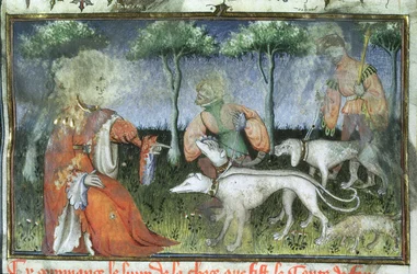 Ms Hunter 385 f.3r Hunting, Gaston de Foixin Metsästyskirjasta