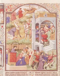 Ms Lat 17294 Fol.515v Kohtauksia Pyhän Jaakob Suuren (d.44) elämästä Bedfordin herttuan breviaarista, n. 1424-35