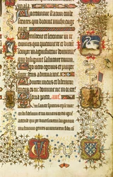 Ms Lat 919 fol.96 Yksityiskohta vaakunoista ja eläinkoristeluista, Pyhältä Pietarilta Johtava Jean de France (1340-1416) Berryn herttua paratiisiin, Grandes Heures de Duc de Berrystä