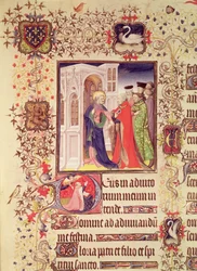 Ms Lat 919 fol.96 Jean de France, Duc de Berry, jota St. Peter johdatti taivaan porteille historioitellulla alkukirjaimella 