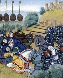 Ms Roy 20 C IX f.278v Unkarin voitto turkkilaisista Turkin laivaston taustalla, Jean Chartrier, 1400-luvun loppu, "Cronique du Temps de Treschretien Roy Charles VII" (vellum)