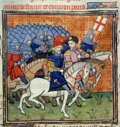 Ms Royal 20 C. VII, f.186 Englannin armeija lippuineen, "Chroniques de France ou St. Denis" (vellum)