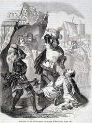 Burgundin herttuan (Juhana Pelottoman) murha Montereaun sillalla vuonna 1419 - L.-P. Anquetilin teoksessa "Histoire de France"