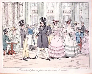 "Rakas ystäväni, ihmisen on löydettävä paikka itselleen maailmassa", karikatyyri "Cafe de la Rotonde" Palais Royalissa, 1800-luvun alku (värikaiverrus)