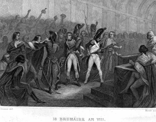 Napoleon Bonaparten vallankaappaus 18. Brumaire vuosi VIII (1799) Saint Cloudin viiden sentin neuvoston salissa (500:n huone) - Thiersin ""Revolution francaisessa"". 1800-luvulla