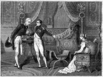 Napoleon, hänen vaimonsa Marie-Louise ja prinssi Metternich puhuvat