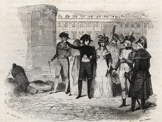 Napoleon kävelemässä Madame Tallienin kanssa, syntyi Theresa Cabarrus, Caramanin prinsessa, Caramanin prinsessa Chimay (1773 - 1835) sijoittaa Vendomen Pariisiin - kaiverrus "Les rues de Paris". Vanha ja moderni Pariisi: alkuperä, historia, monumentit, puv
