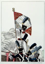 Napoleonic Armee: Line Infantry. Kersantti majuri istuttaa kotkaansa kauhun päälle, joka tuhoutui rajusti. Martinetin kaiverrus (1800-luku) 1808. Malmaison, Musee Du Chateau.