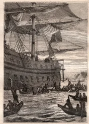 Alkuperäiset ihmiset pitivät banaanipuiden oksia kädessään: Samuel Wallisin (1728-1795) matka Polynesiaan – alkuperäiskansat pitelevät banaanin oksia tervetulleeksi – kuva otettu teoksesta ”1700-luvun suuret merenkulkijat”