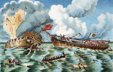 Meritaistelu "Supervisanten" ja "Quebecin" välillä, 6. lokakuuta 1779 lähellä Ouessant. Ranskalaista fregattia komensi kapteeni Du Couedic de Kergoaler, englantilaista fregattia kapteeni Farmer. Kromolitografia noin 1890.