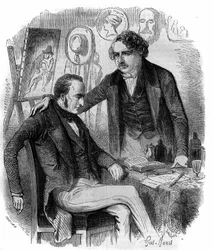 Nicephore Niepce (1765-1833) ja Louis Daguerre (1787-1851), ranskalaiset keksijät, valokuvauksen pioneerit. Kaiverrus vuodelta 1852.