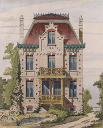 Normannilainen huvila Villers sur merissa, Normandiassa, kuvitus Le Moniteur des architectesista, 1883 (värikaiverrus)