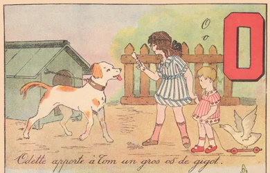 Odette tuo Tomille ison sääriluun, noin 1920 (vedos).