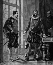Olivier De Serres (1539 - 1619) ranskalainen agronomi Henry IV:n Ranskan kuninkaan (1553-1610) kanssa.