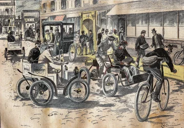 5. lokakuuta 1899 postitoimiston alivaltiosihteeri Leon Mougeot (1857-1928) johti polkupyörien ja erilaisten autojen ensimmäisiä testejä postin nostamiseksi Pariisin XII kaupunginosan keskuspostissa. . Kaiverrus "" Le P