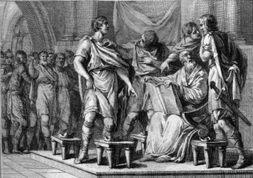 Frankkien kuninkaan Clotaire (Clothaire) 1. kuollessa hänen neljä poikaansa saivat kukin osan valtakunnasta. Heidän nimensä ovat Caribert 1er tai Charibert (n. 520-567), Gontran 1er (n. 545-592), Sigebert I (535-575) ja Chilperic I (n. 539-584). Kaiverrus