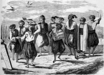 Ortodoksinen juhla: Kreikkalaiset pääsiäisetanssit Suurella Kuolleiden kentällä Konstantinopolissa. Kaiverrus "" Le Monde Illustré" -julkaisussa nro 52, 10. huhtikuuta 1858.
