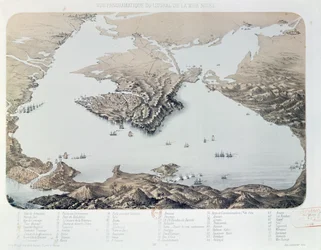 Panoraamanäkymä ja asemakaava Sevastopolista ja Mustanmeren rannikosta Krimin sodan aikana, 1855