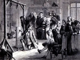 Papin (1647 - 1714) kokeilee jauhekoneellaan ennen Marburgin yliopiston professoreita - kirjassa "Tieteen albumi; maineikkaat tiedemiehet; Suuria löytöjä””” 1896.