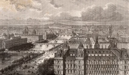 Pariisi - Seine - sillat - näkymä Saint-Gervais-tornista - kaiverrus "La France illustrée: maantiede, historia, tilastohallinto" V.-A. Maltaanruskea. 1884