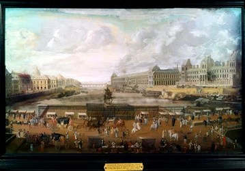 Pariisi, näkymä Pont Neufille, Louvren palatsille ja Neljän kansakunnan kollegiolle noin vuonna 1680