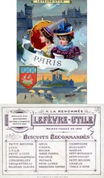 Paris, Lefèvre-Utile (LU) -keksejä koskevan mainoskortin etu- ja takapuoli, 1800-luvun loppu