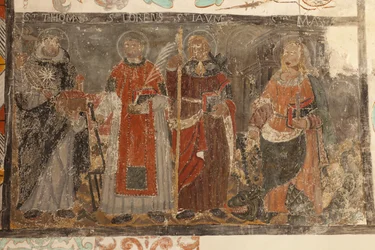 Seurakuntakirkko (Església de la Mare de Déu de Solers). Sisätilat. Kirkkolaivat. Seinämaalaukset. Yksityiskohta. 1500-luku ().