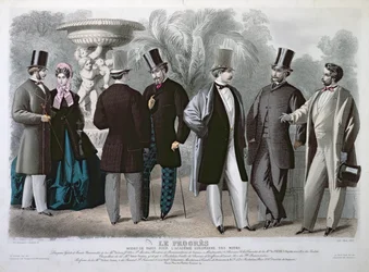 Pariisilainen muotilevy Le Progresille, kesäkuu 1864 (värikaiverrus)